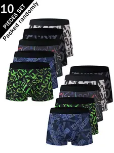 Men's Letter Graffiti Briefs Set, Breathable Mid-Waist Underwear Boxer, Youth Street Style, Random Color Mix, All Seasons Fitted, Polyester Fabric Underwear