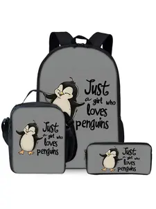 Penguin print backpack three piece set includes lunch bag and pencil case