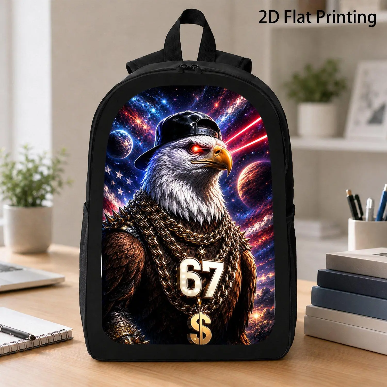 [17 Inch Backpack] Cosmic Bald Eagle Hip Hop Style Gold Chains Number 67 Red Laser Eyes Galaxy Print Backpack Viral Wildlife Pattern Large Capacity School Backpack