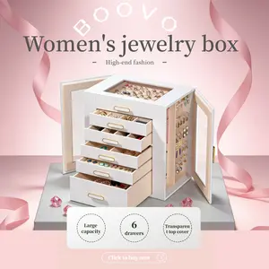 BOOVO Women's Jewelry Box, Six-Layer Jewelry Organizer with Glass Lid, Five Drawers and Two Glass Doors, for Storing Jewelry, a Beautiful Gift for Women.
