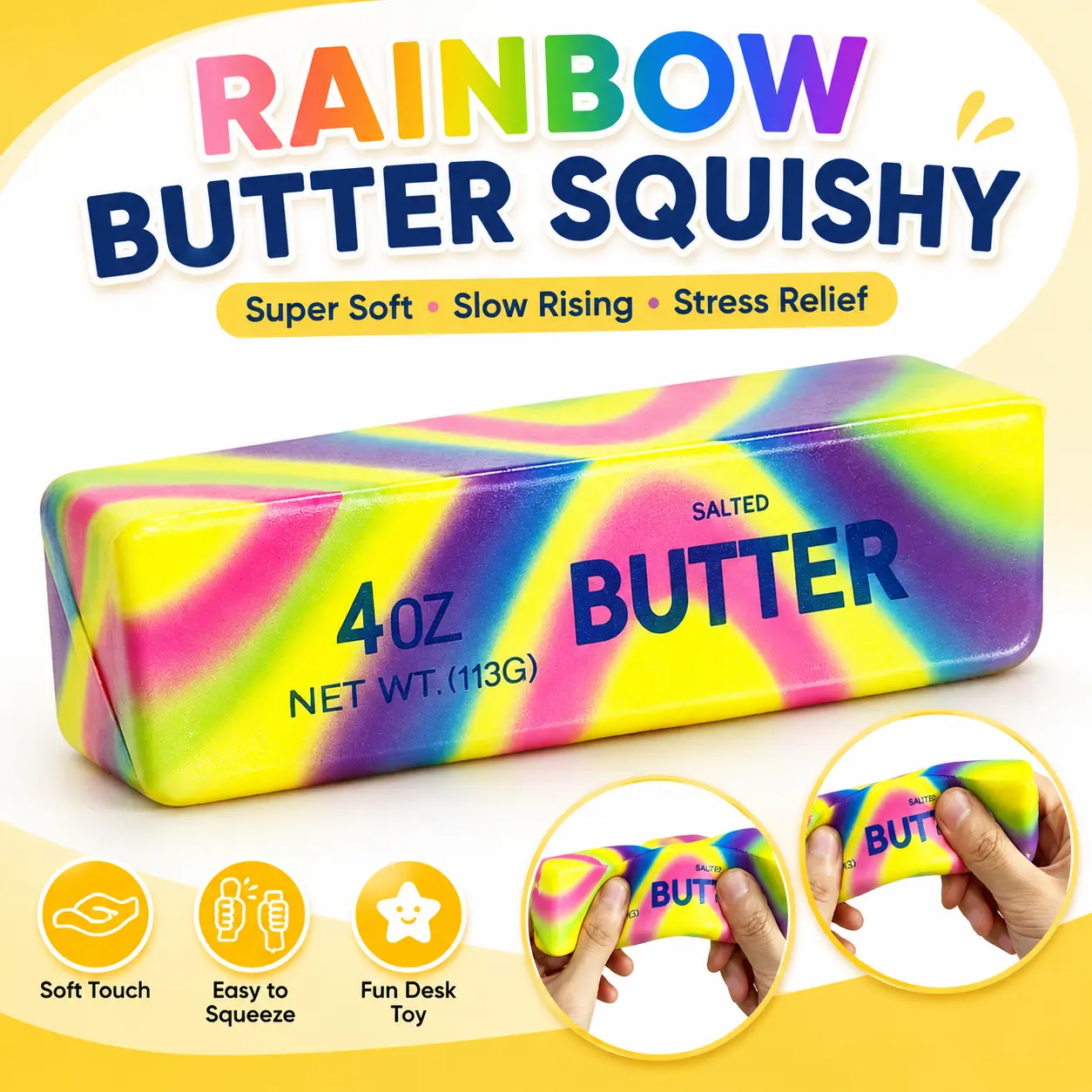Rainbow Butter Squishy Fidget Toy, Realistic Butter Stick, Super Soft Slow Rising Stress Relief Squeeze Toy for Anxiety, Non-Stick TPR Sensory Desk Toy for Adults & Kids, Office & Home