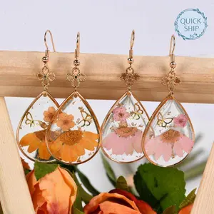 Orange/Pink Real Flower Resin Daisy Drop Earrings for Women - Set of 2,Pressed Floral Jewelry, Perfect Birthday Gift
