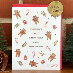 Gingerbread Dogs Christmas Card, Handmade gold foiled holiday cards