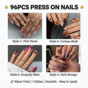 96Pcs Press On Nails Set| 4 Trendy Styles, Reusable Acrylic Nails for DIY Manicure, Perfect for Parties & Daily Wear