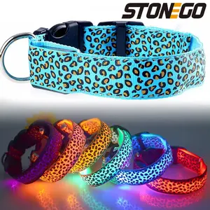 STONEGO LED Leopard Dog Collar Adjustable Nylon Luminous Safety Collar for Nighttime Walks Durable Eye-Catching Design Fits Various Sizes