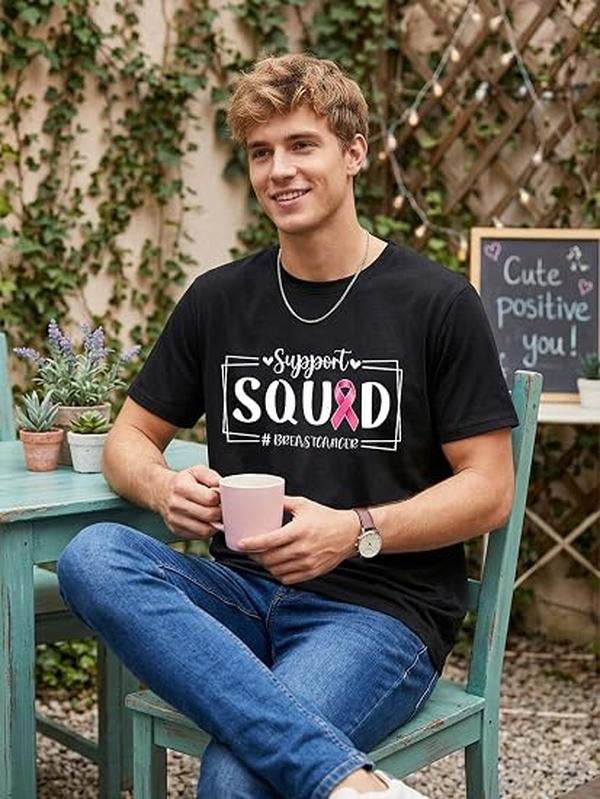 Women's Casual Short-Sleeve Support Tee, Simple Breast Cancer Awareness Symbolic Ribbon Crew Neck Tshirt for Youth