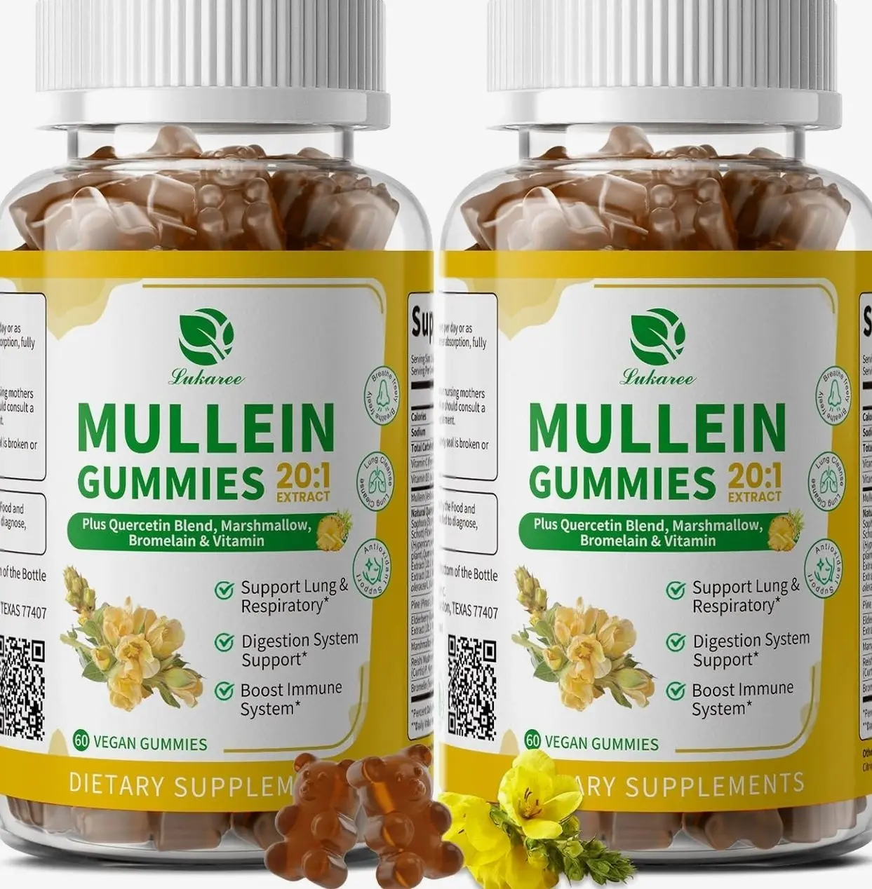 (2 Pack) 9 in 1 Mullein Gummies for Lung Cleanse & Lymphatic Drainage*, Extra Strength Mullein Leaf Extract w/Quercetin, Bromelain, Elderberry & Marshmallow for Respiratory & Immunity,Vegan,120 Count