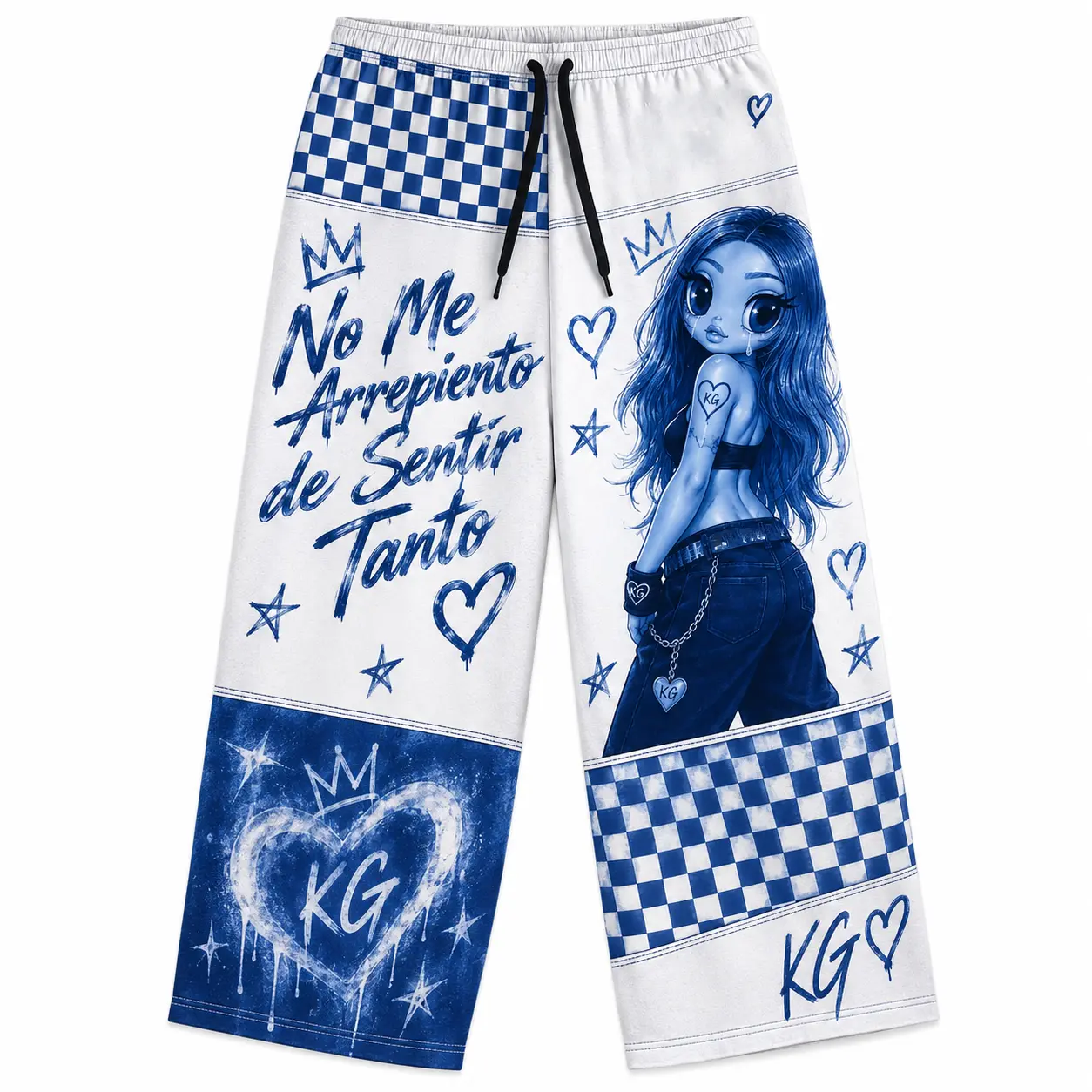 KG Inspired Heart Checkered Print Loose Sweatpants, Y2K Graphic Wide Leg Pants, Trendy Music Fan Gift