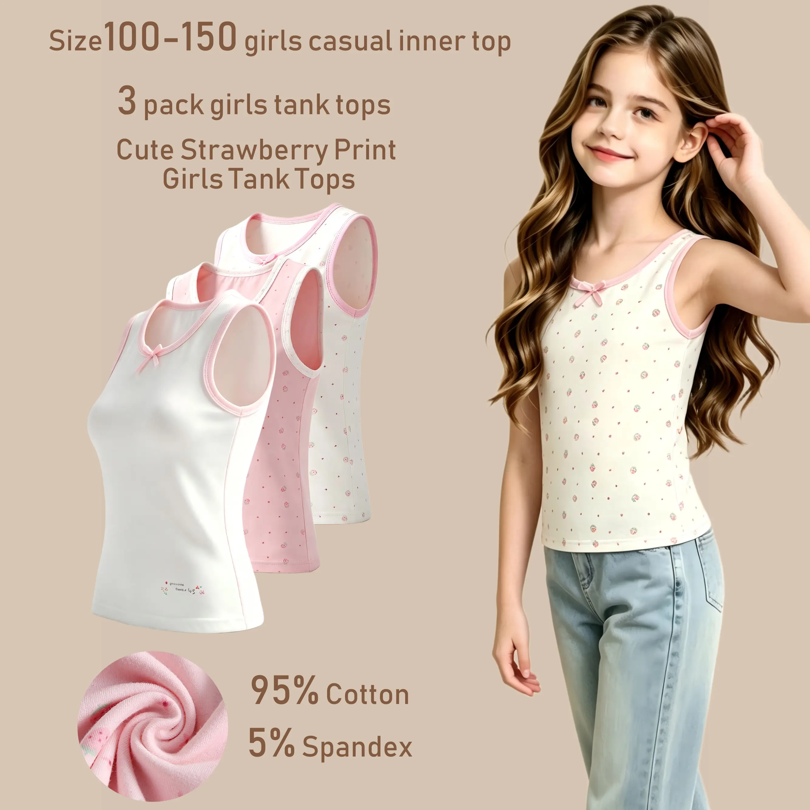 Girls 3 Pack 95% Cotton Sleeveless Tank Tops, Strawberry Ditsy Print Pink Binding Bow Kids Layering Undershirts Size 100-150 Summer Casual White Breathable Underwear