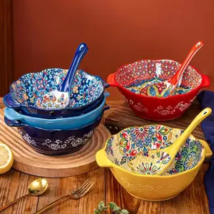 Boho Style Ceramic Pasta Bowls Set, 3 Counts/set Colorful Floral Pattern Soup Bowl, Large Salad Bowl, Noodle Bowl, Kitchen Tableware Set, Durability, Multicolor Home Dinnerware Utensils, Salad Serving Bowls, Ceramic Dish, Dinnerware Sets, Ramen Bowl Set