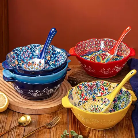 Boho Style Ceramic Pasta Bowls Set, 3 Counts/set Floral Pattern Soup Bowl, Large Salad Bowl, Kitchen Tableware Set, Kitchenware Ceramics, Multicolor Home Dinnerware, Salad Serving Bowls, Ceramic Dish, Dinnerware Sets, Bowls For Kitchen