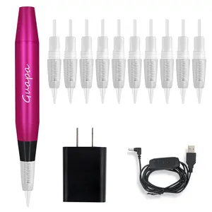 Portable Tattoo Machine Pen Eyebrow Lip Permanent Makeup Pen with 1R 3R Cartridge Needles for Ombre Brows Body Tattoo Red Machine Kit