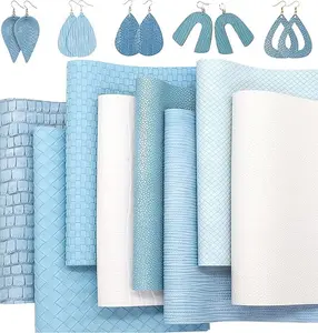 8Pcs/Set New Weave Embossed Textured Faux Leather Sheets Blue Series Mixed Woven Lattice Striped Vinyl Fabric A4 8 x 12 Inch for Making Hair Bow Handbag and DIY Crafts