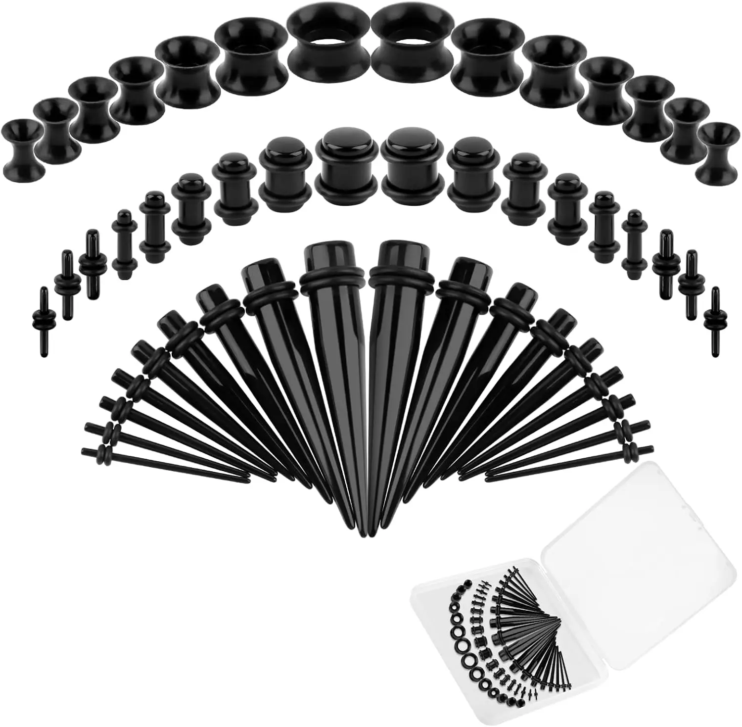 Unisex 50-Pcs Acrylic Body-Safe Piercing Jewelry Set - 14G-00G Tapered Gauges, Lightweight Tapers, Plugs, Hypoallergenic Silicone Tunnels, Rhinestones, Plain Expanders, Minimalist Body Jewelry for Piercings