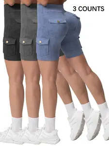 Women's Basic Solid Color Utility Pocket Cargo Shorts, Casual Fashion Denim-effect Elastic Waist Shorts for Daily Wear, Ladies Bottoms for Summer, Casual Comfy Shorts