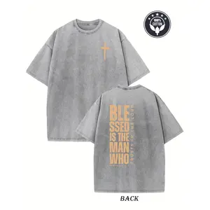 Heavyweight 230G Vintage Christian T-Shirt - Blessed Are Those Who Trust in The Lord Cross Design -Washed Effect - Double-Sided Print on Front And Back - Loose Fit