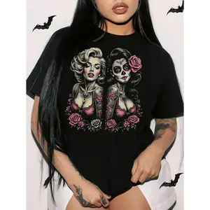 [100% Cotton][Graphic Tee] Gothic Sugar Skull Halloween PinUp Print Casual Fit Short Sleeve Crew Neck T Shirt for Spring and Summer Women's Holiday Gift