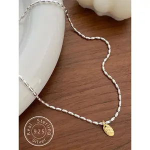 S925 Sterling Silver Fashionable Minimalist Letter Design Pendant Necklace, Casual Rice Beads Necklace for Party Decor, Trendy All-match & Exquisite Jewelry for Gift