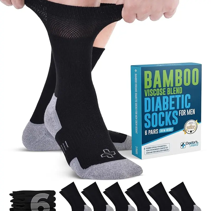 Doctor's Select Men's Diabetic Crew Sock Sets, 6 Pairs, Soft Breathable Bamboo Viscose Calf-High Socks, Ultra-Stretch Secure Top, Neuropathy Support, Moisture-Wicking, Machine Washable, Edema Relief, All Seasons Dry Feet Solutions