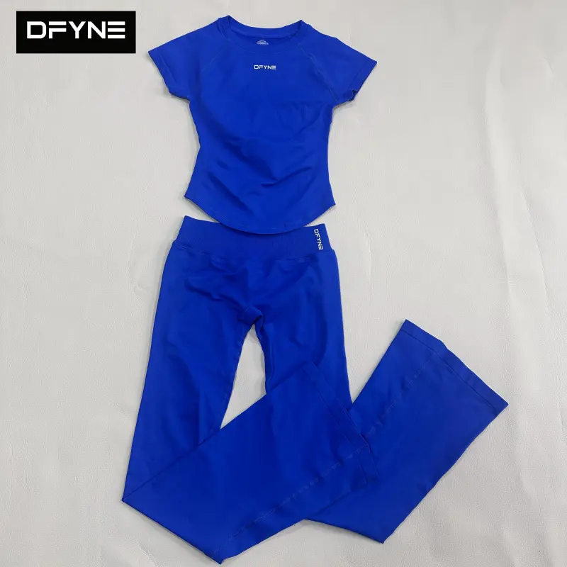 DFYNE Blue Seamless Flare Yoga Set| High Waist Tummy Control Leggings & Short Sleeve Gym Outfit