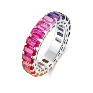 Rainbow Sapphire Eternity Band–Multicolor Stackable Rainbow Ring–Sterling Silver Rainbow Wedding Band–Colorful Gemstone Ring Gift for Her