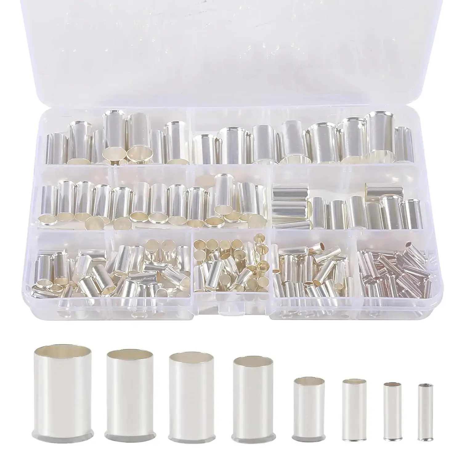 166PCS High-Quality Red Copper Silver-Plated Wire Ferrules Kit, Insulated Crimp Terminal Connector Sleeves for Electrical Cables, 8 AWG Sizes (1/0,2/0,2,4,6,8,10,12) for Crimping Pliers & Household Appliances