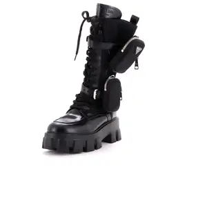 Pre-owned Prada Women's Monolith Lace-Up Knee High Boots Leather with Nylon by Rebag