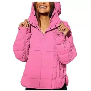 Women's Long Sleeve Solid Style Puffer Jacket - Cute Chic Oversized Quilted Lightweight Hooded Pullover, Winter Warm Fabric Padded Hoodie, for Sports & Outdoor Use (Pairs with Leggings & Tops, Compatible with Raincoats)