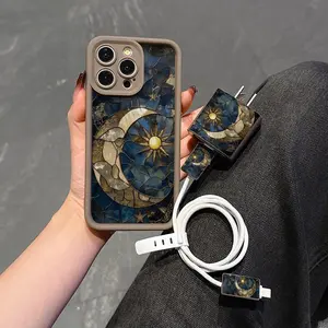Vintage Moon & Sun Pattern Phone Case with Charger Head Cover & Cable Protector & Storage Rope, Anti-drop Phone Case for iPhone, Casing