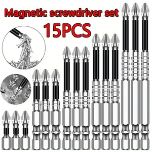15-piece/set Magnetic Screwdriver Set, Alloy Material, Impact Resistant, Strong Magnetic Force, Phillips Bits, 50/65/70/90/150 mm Hex Shank, Compatible with Electric and Manual Drills, High Quality, Durable and Long-lasting, Strong Magnetic Force