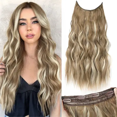 Sohochic AISI HAIR Mixed Tones Clip in Hair Extensions for Female - 20in Bouncy Right Wavy Heat Resistant Synthetic Piece, Invisible Transparent Wire, Adjustable Hooks, 4 Secure Clips, Easy to Apply Brown Blonde Extensions