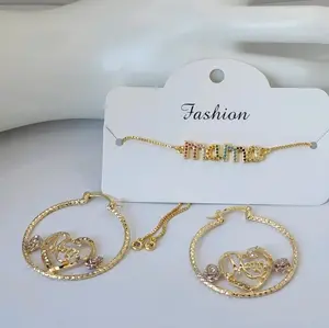 MAMA beautiful set bracelet adjustable with earrings hoops Gold-plated heart clrs