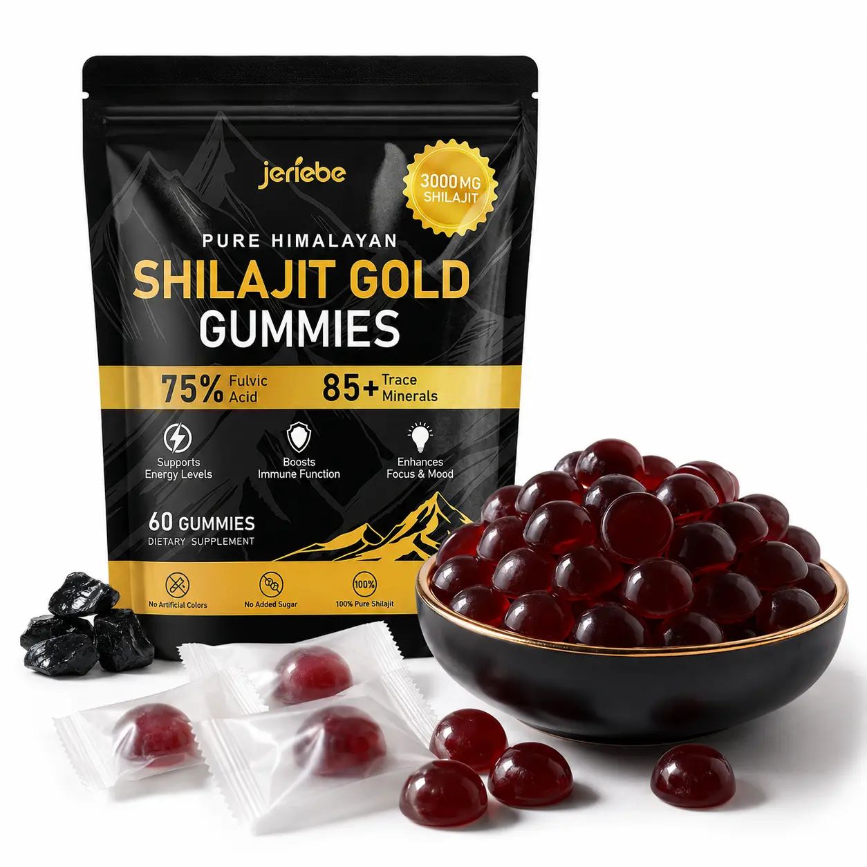 Jeriebe Pure Himalayan Shilajit Gold Gummies Gomitas Shilajit Oro Real, 3000mg Shilajit Resin 75% Fulvic Acid 85+ Trace Minerals, Supports Natural Energy Immune Focus Stamina & Overall Wellness, Vegan Sugar-Free Non-GMO Plant-Based Supplement 60 Count
