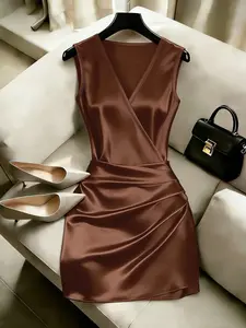 Silk Dress V-Neck Bodycon Dress Summer Silk V-Neck Pleated Bodycon Dress, Elegant Short Dress for Office/dinner/date/photoshoot