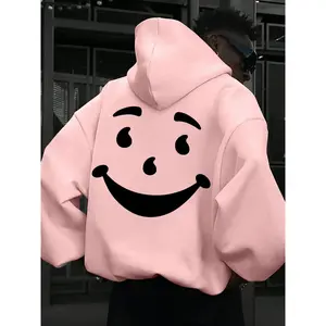 Men’s off-shoulder hooded sweatshirt with a cartoon smiley face print; fashionable, casual regular-fit hoodie with a drawstring and pockets, suitable for daily wear, vacations, and outdoor activities; autumn and winter menswear GARMENTARY