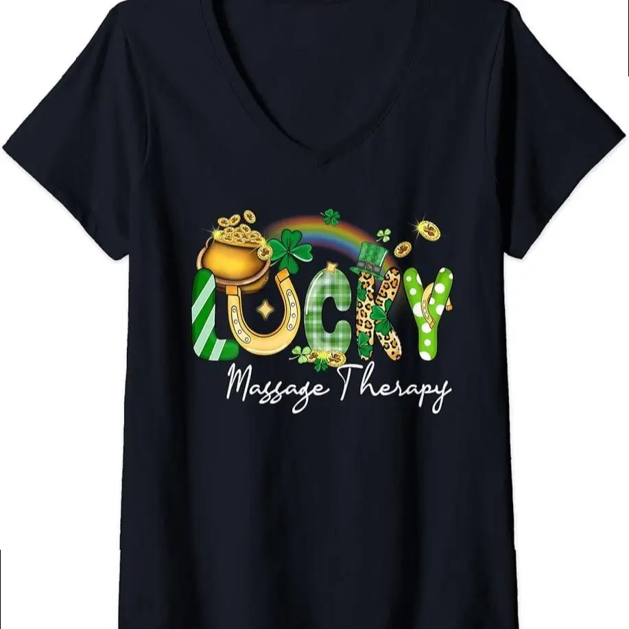 Womens Lucky Massage Therapy St Patricks Day Matching Shamrock V-neck T-shirt