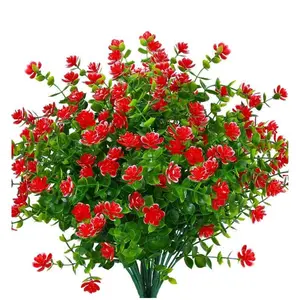 8 Bundles Outdoor Artificial Flowers UV Resistant – Fade Resistant Faux Boxwood Plastic Plants for Garden, Patio, Porch, Window Box, Farmhouse & Wedding Decor (Red)