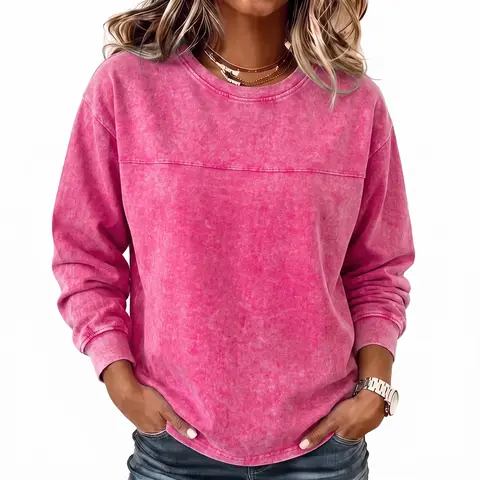 Women’s pure cotton washed vintage crewneck sweatshirt, long sleeves, loose casual pullover top, soft and comfortable basic for autumn/winter