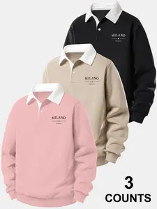 Men's Fall Winter Letter Print Hoodie, Casual Outdoor Pullover, Casual Fitted Sweatshirt, Half Button Polo Neck, Long Sleeve, Fitted, 3 Pack