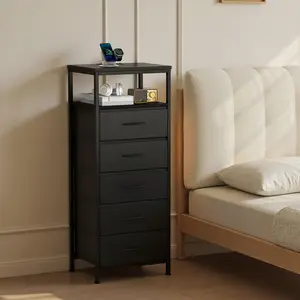 Nightstand with Charging Station, Bedside End Table with Fabric Drawers & USB/Type-C Ports and Outlets, Night Stand for Bedroom Furniture, Adjustable Feet and Variable Light Strip