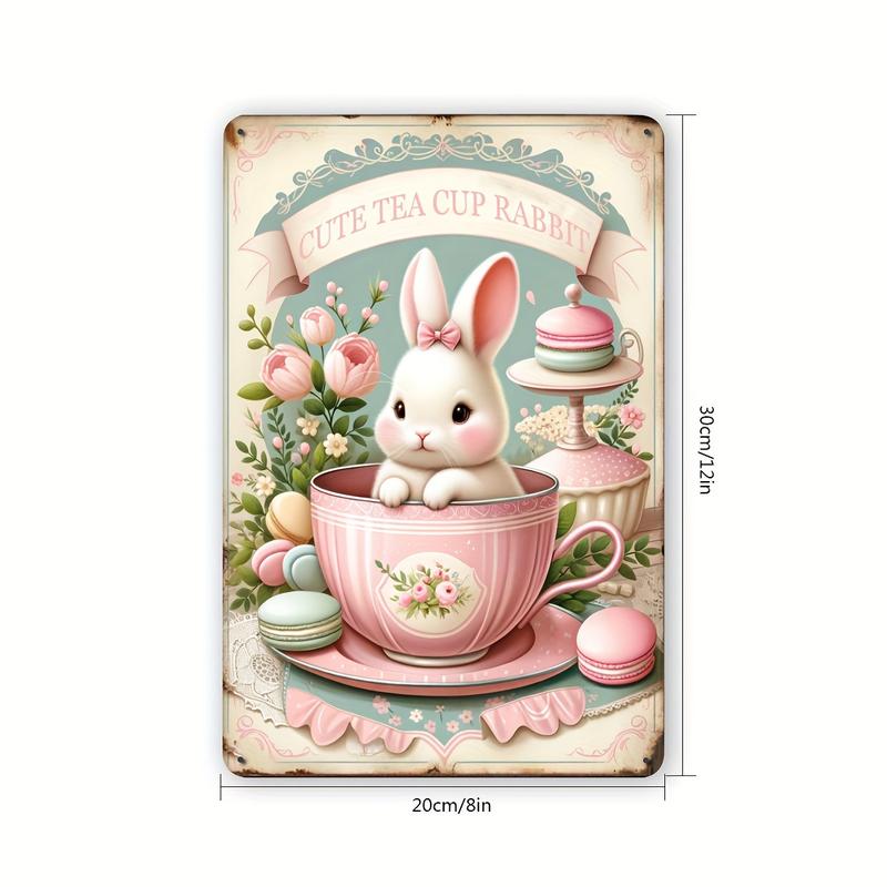 1pc Vintage Tin Painting: Pink Cute Teacup Rabbit, Suitable For Patio Decoration, Kitchen, Bedroom, Outdoor, Home Wall Decoration, Backdrop Decoration, Art Wall Decoration, Vintage Metal Signage