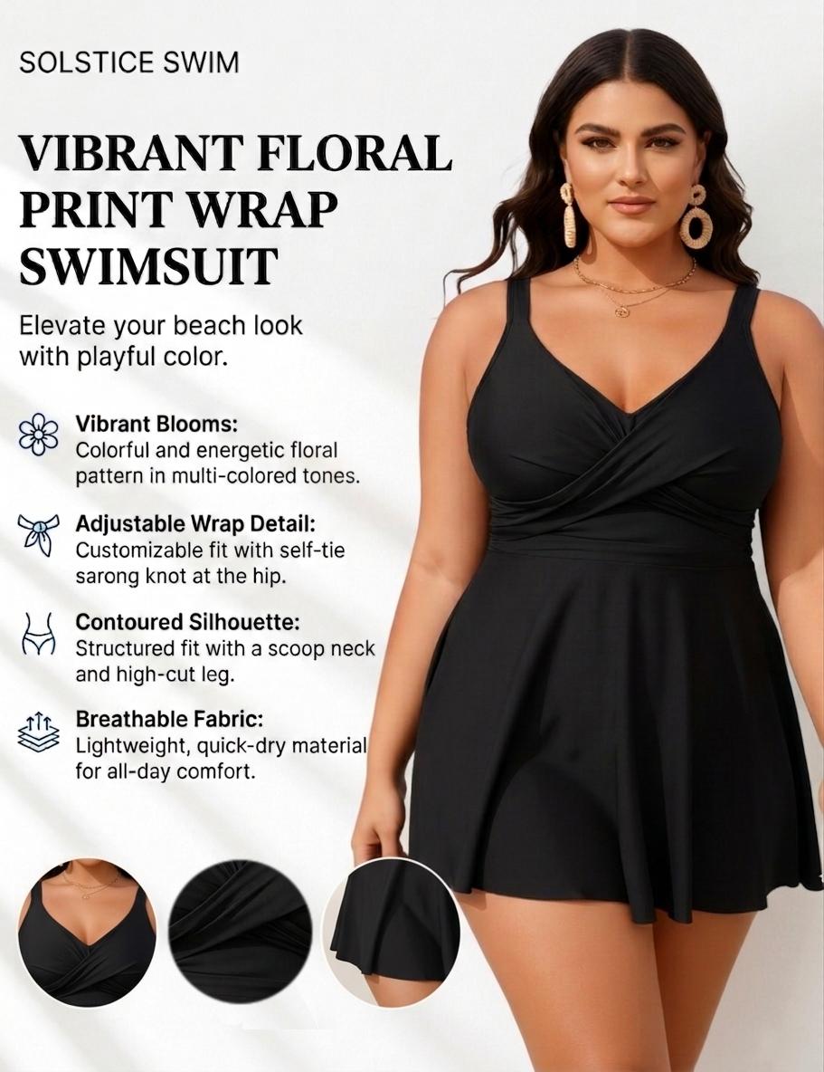 Plus Size Tummy Control One Piece Swimsuit with Skirt for Women, V-Neck Ruched Surplice Wrap Front Swimdresses, Modest Bathing Suits