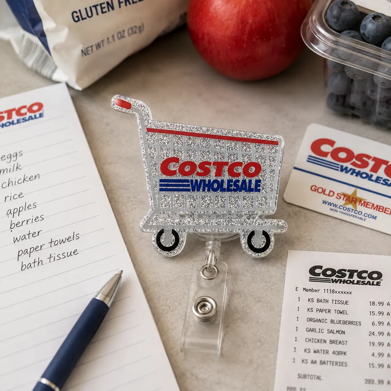Costco Badge Reel, Silver Glitter Shopping Cart Acrylic Badge Holder with Retractable Clip for Retail and Grocery Staff