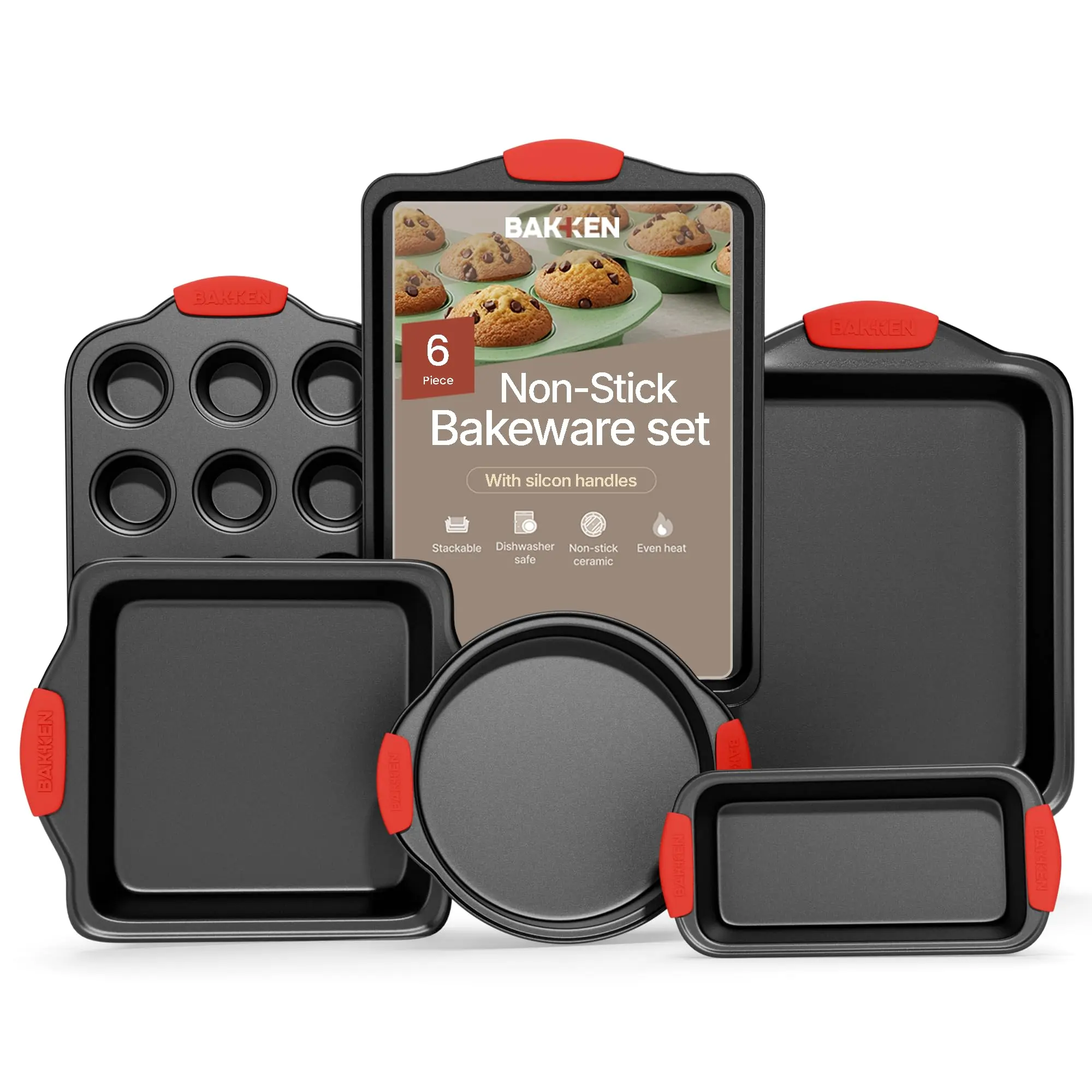 BAKKENMASTER 6-Piece Stackable Heat-Resistant Oven-Safe Kitchen Bakeware Set - Carbon Steel Trays, Deluxe Non-Stick Black Coating, Red Silicone Handles, PFOA/PFOS/PTFE-Free for Meal Prep, Roasting