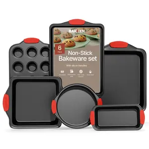 BAKKENMASTER Baking Set – 6 Piece Kitchen Oven Bakeware Set – Deluxe Non-Stick Black Coating Inside and Outside – Carbon Steel – Red Silicone Handles – PFOA PFOS and PTFE Free by Bakken