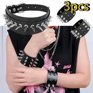 Set of 3 Gothic Punk Rock Jewelry Set for Women Men - Edgy Spike Bracelets Choker Necklace with Metal Rivets,Black Leather-like Texture - Valentine'S Birthday Gift for Goth Subculture
