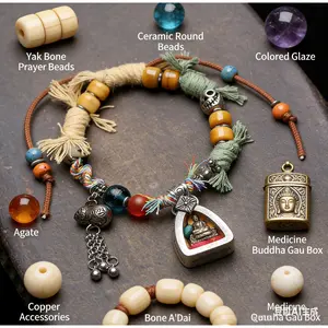 Ethnic Tibetan Handwoven Bangle - Medicine Buddha Ga Wu Box Edition, Unisex Daily Bracelet with Yak Bone Beads, Colored Glaze, Adjustable Geometric Design for Peace and Good Fortune