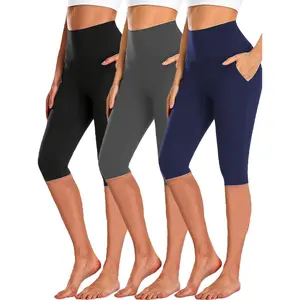 3-Piece Knee-Length Leggings with Pockets Summer High Waist Khaki Pants Riding Shorts for Women Yoga Exercise
