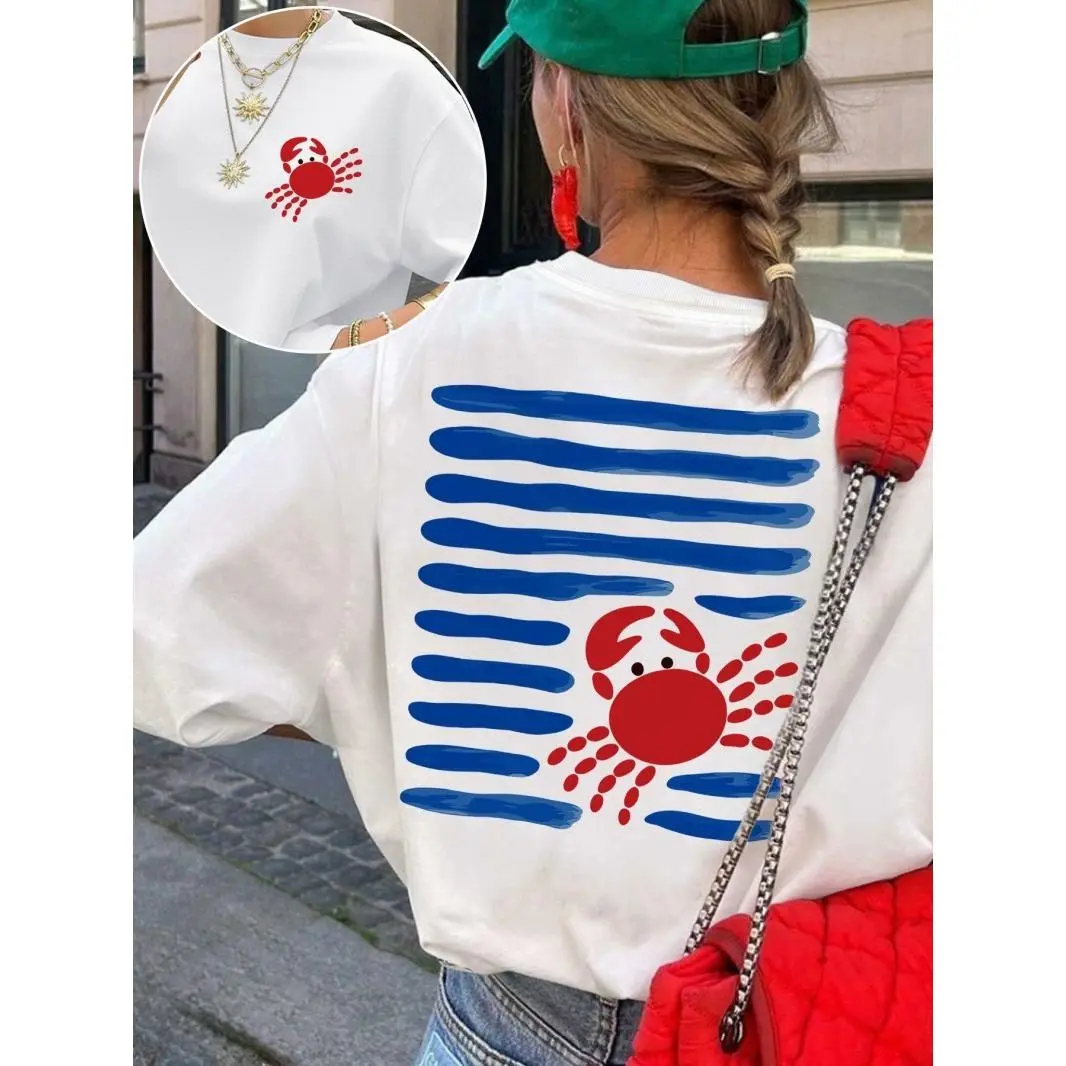 Red Crab Blue Stripe Graphic Tee Women Oversized Casual Short Sleeve Crewneck Soft Cotton Beach Vacation Summer Outfit Streetwear Top