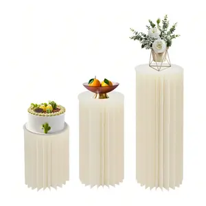 3 Pack Cylinder Stands For Party, Foldable Cardboard Columns With 3 Clear Round Top Plates, Cake Display Pedestal Stand For Wedding Banquet Vendor Events Decorative